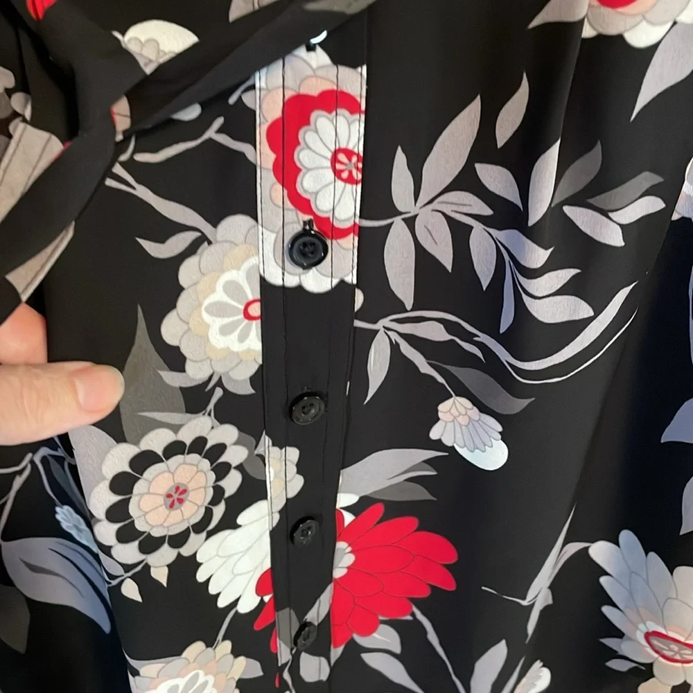 LOFT Black Floral Button Front Tie Waist Polyester Skirt Size XS